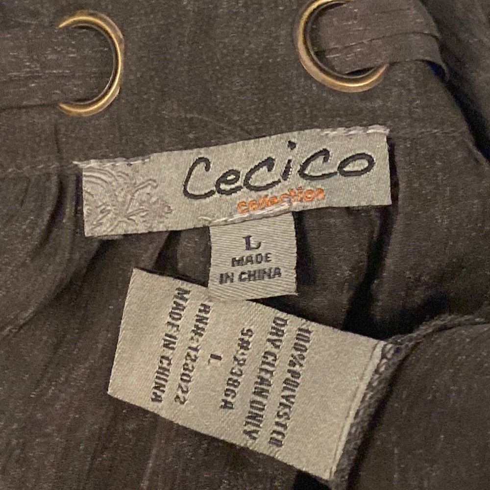 CECICO - sheer top: grey short ruffle sleeves, gold sequins & neck tie - L - Picture 6 of 16